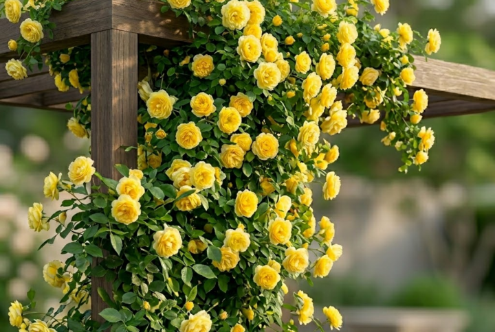 Trandafir urcator galben, parfumat si inflorit in curtea unei case