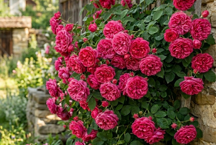 Trandafir urcator de dulceata, parfumat, inflorit in curtea casei. Ideal pentru dulceturi sau siropuri