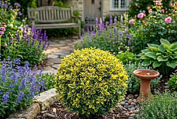 Euonymus emerald gold, aranjat in forma de glob, intr-o gradina