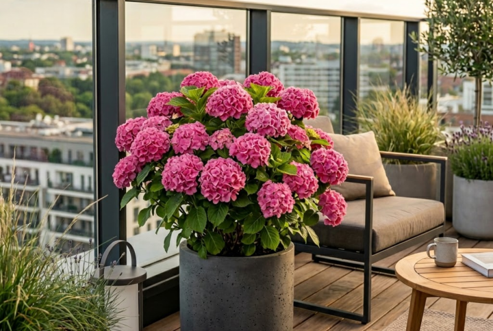 Hortensia macrophylla roz, inflorita spectaculos, pe o terasa semiumbrita