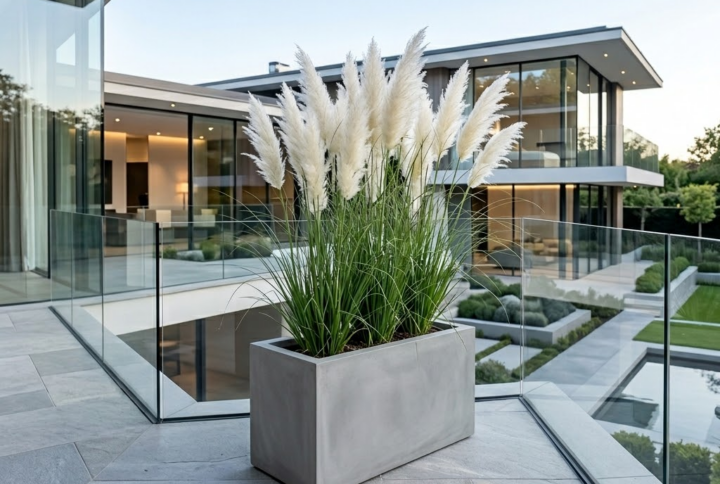 Iarba de pamapas alba, inflorita intr-o jardiniera, pe o terasa moderna