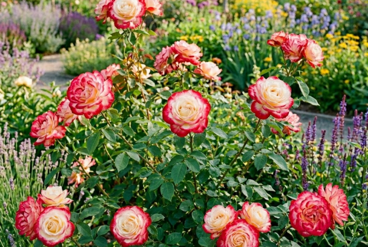 Trandafir parfumat Double delight, tufa, intr-o gradina frumoasa si parfumata